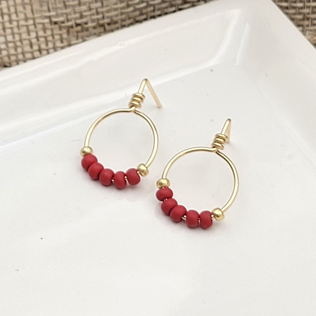 Aiden - Gold & Deep Red Beaded Hoops Earrings Bijou by SAM