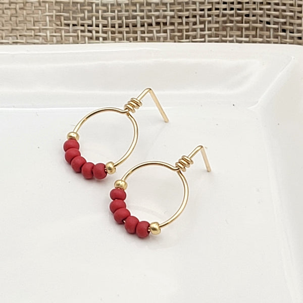 Aiden - Gold & Deep Red Beaded Hoops Earrings Bijou by SAM