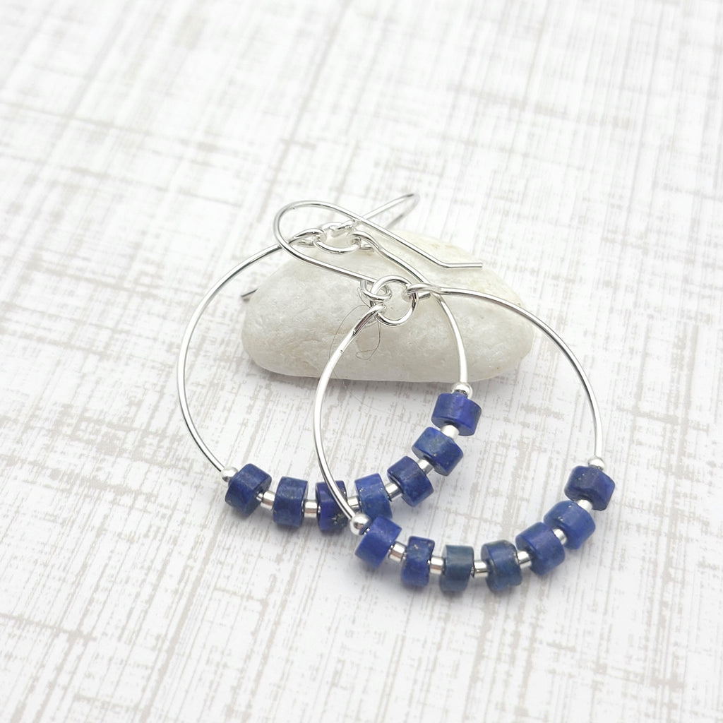Boho - Silver Hoops with Lapis Lazuli Earrings Bijou by SAM