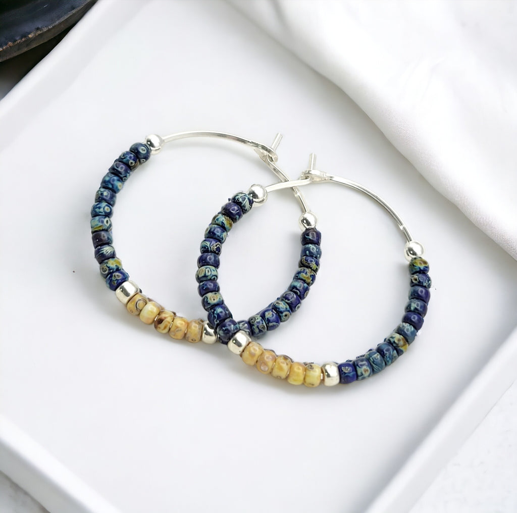 Boho - Blue & Silver Beaded Hoop Earrings Earrings Bijou by SAM