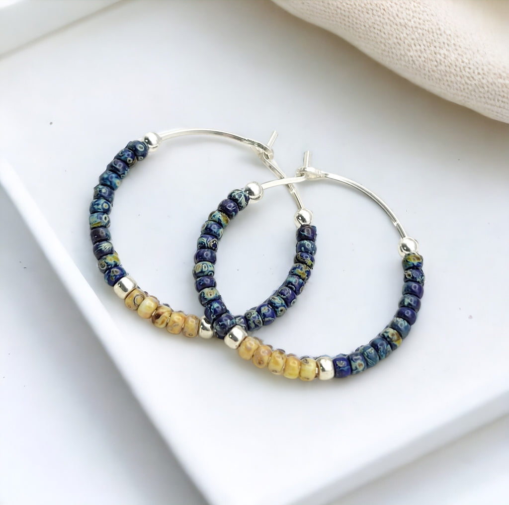Boho - Blue & Silver Beaded Hoop Earrings Earrings Bijou by SAM