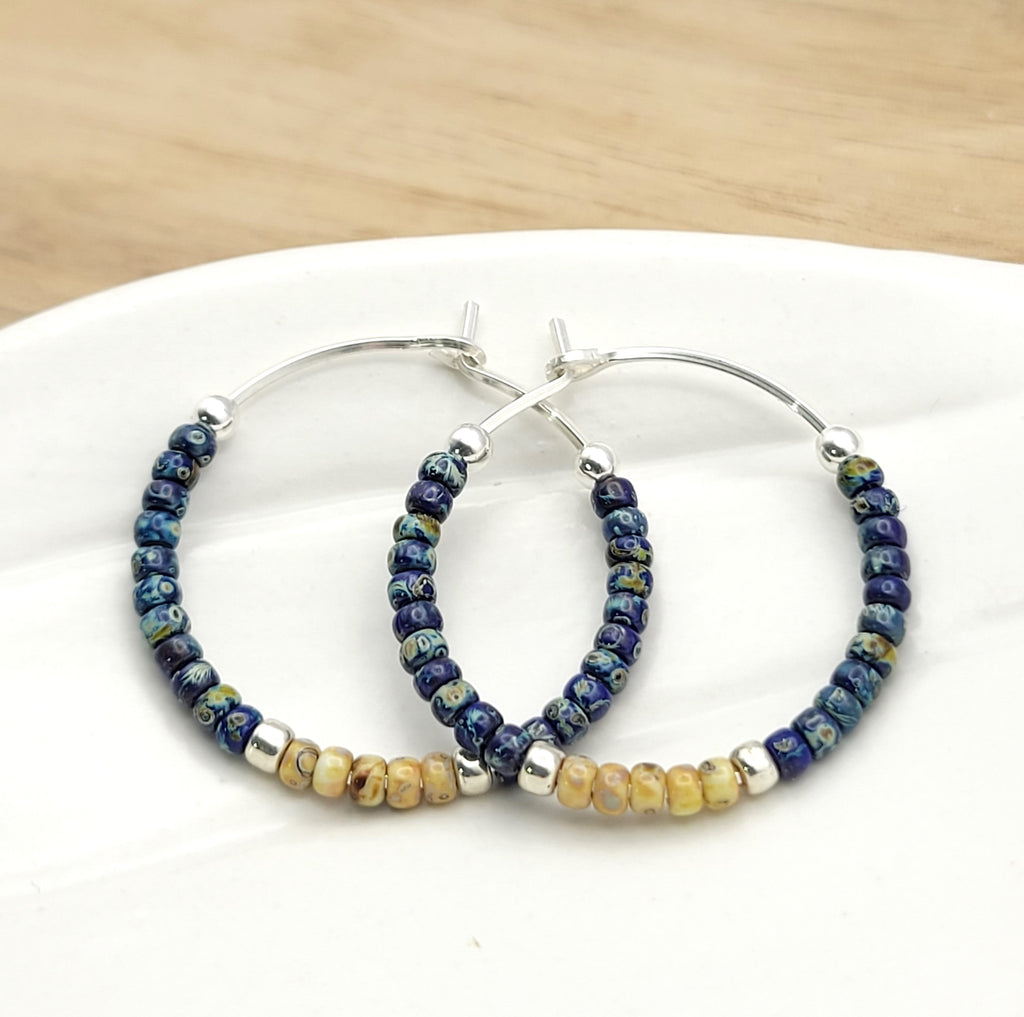 Boho - Blue & Silver Beaded Hoop Earrings Earrings Bijou by SAM