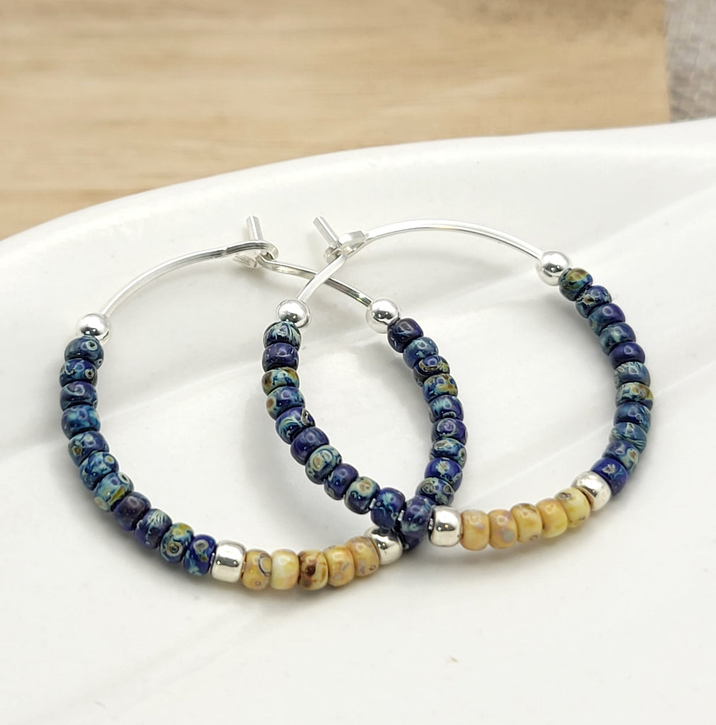 Boho - Blue & Silver Beaded Hoop Earrings Earrings Bijou by SAM