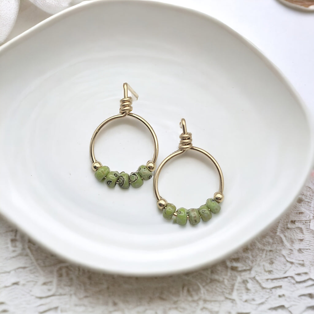 Aiden - Gold & Green Beaded Hoops Earrings Bijou by SAM
