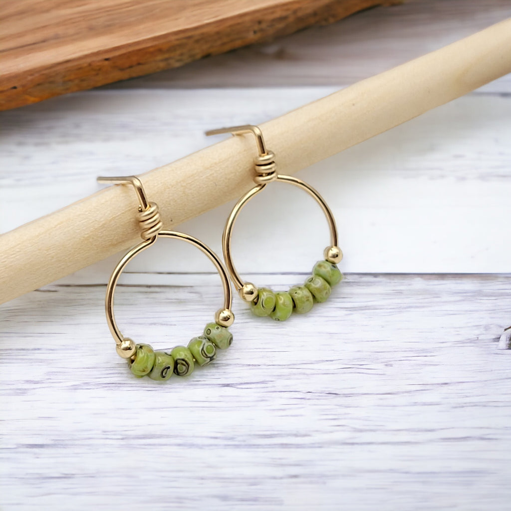 Aiden - Gold & Green Beaded Hoops Earrings Bijou by SAM