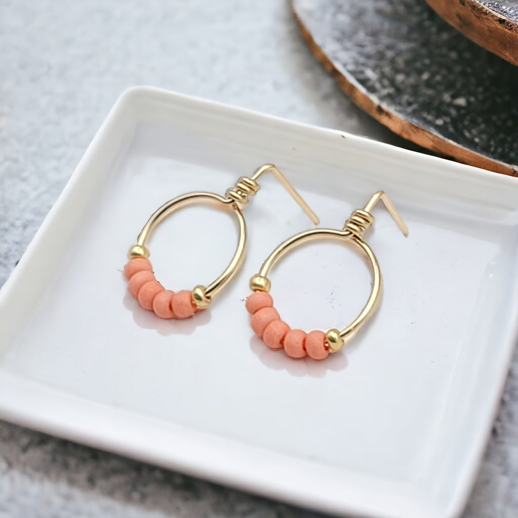 Aiden - Gold & Coral Beaded Hoops Earrings Bijou by SAM   