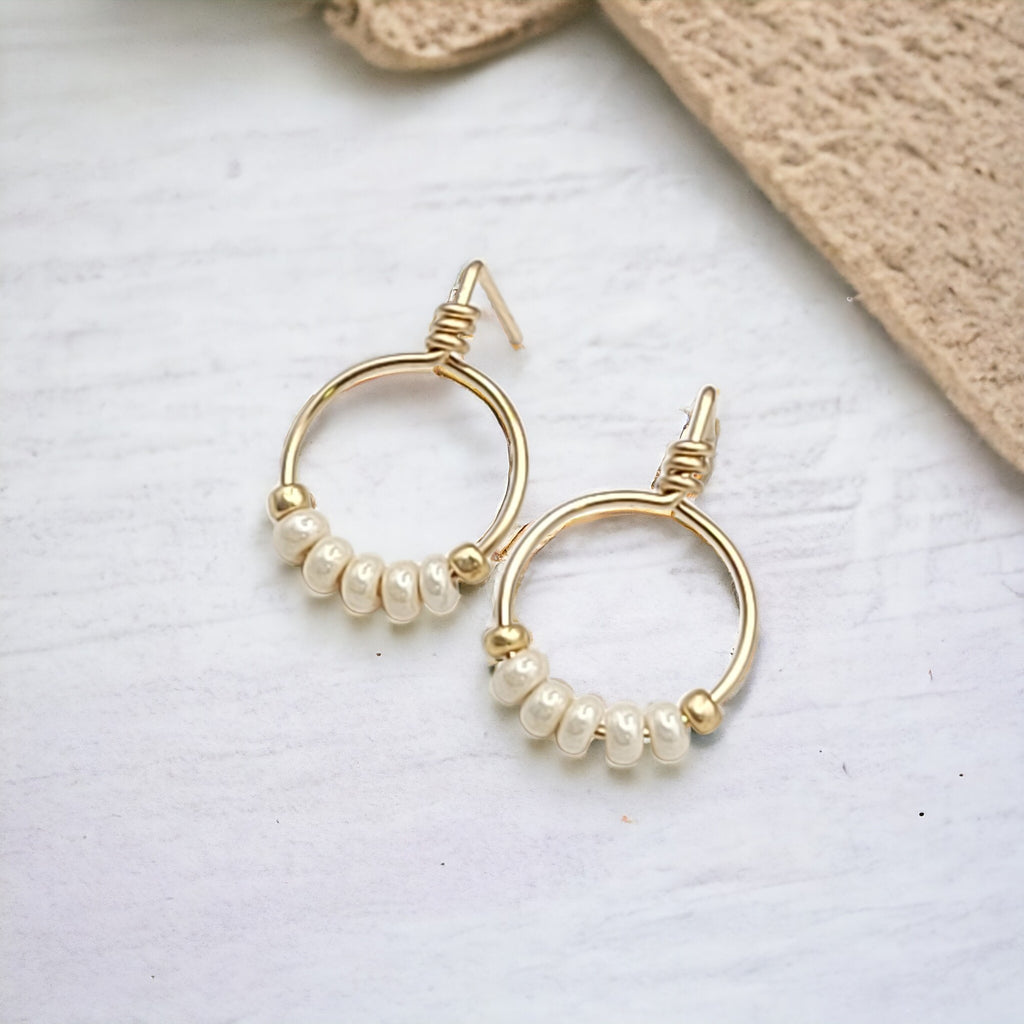 Aiden - Gold & Pearl Beaded Hoops Earrings Bijou by SAM