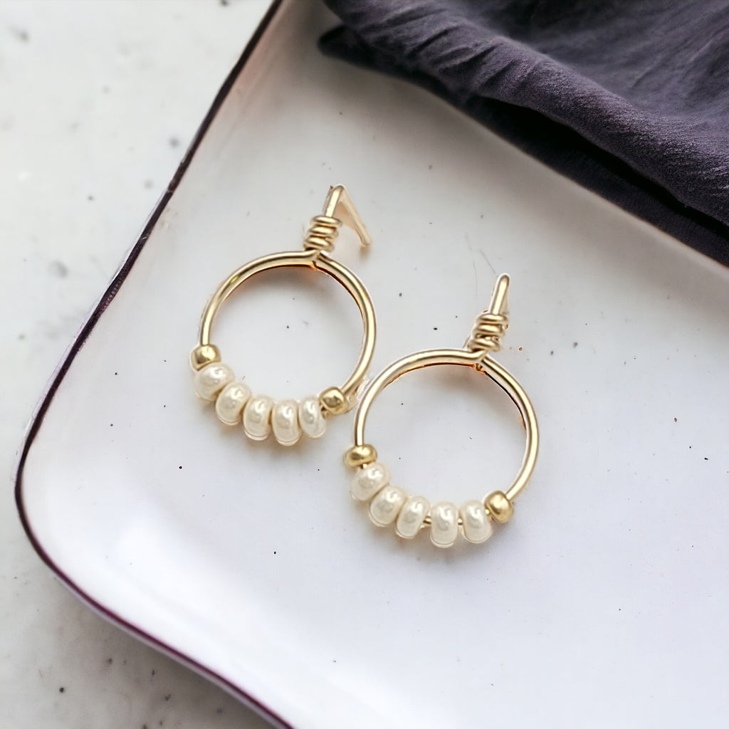 Aiden - Gold & Pearl Beaded Hoops Earrings Bijou by SAM