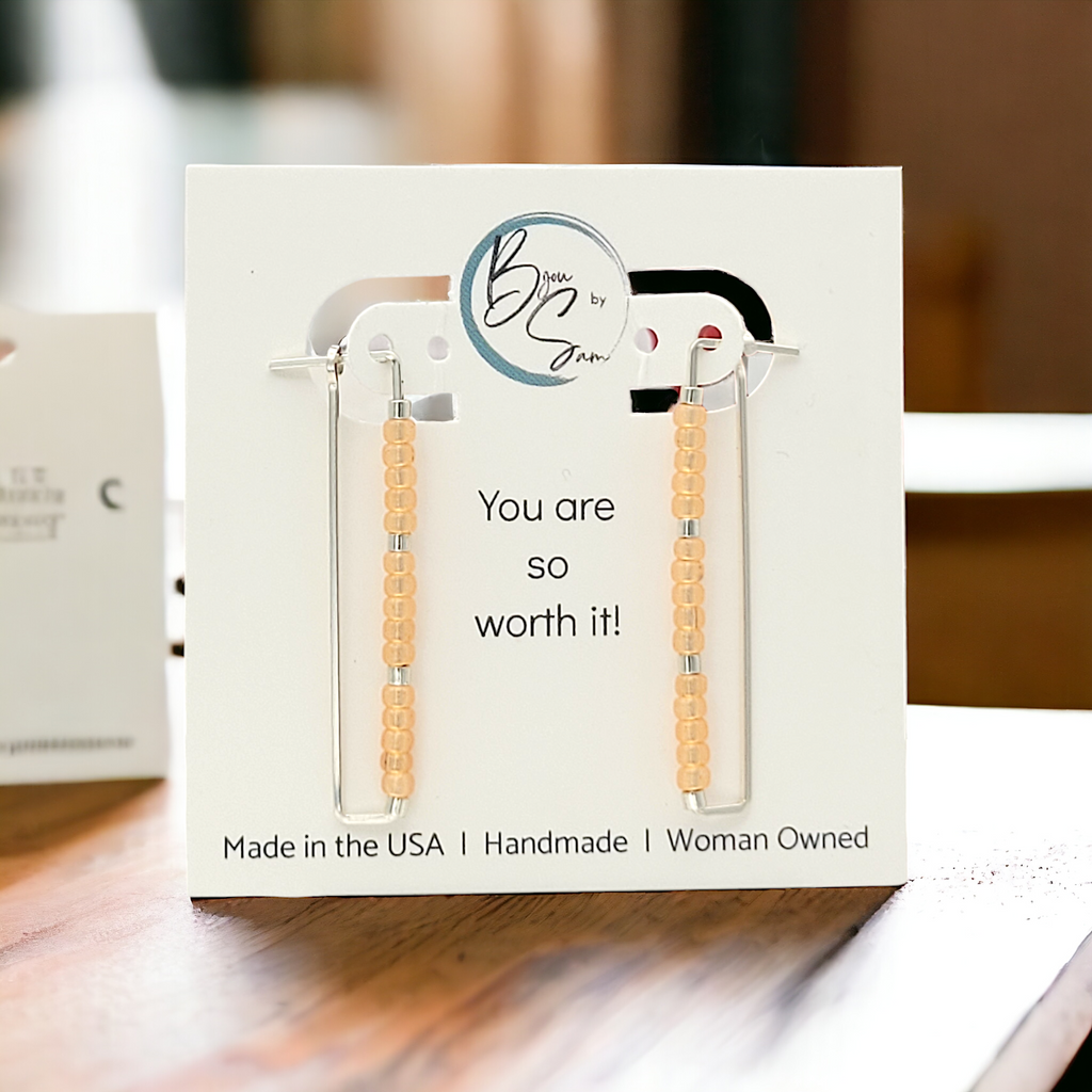 True - Silver Rectangle with Orange Beads Earrings Bijou by SAM