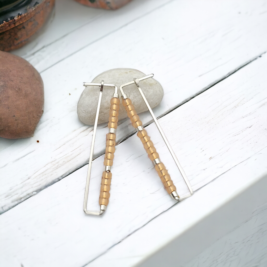 True - Silver Rectangle with Orange Beads Earrings Bijou by SAM