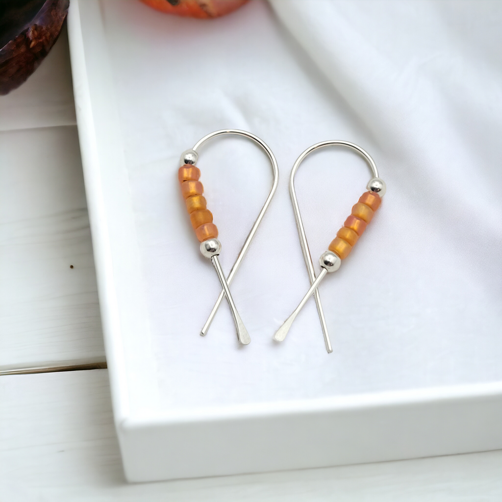 Ribbon - Silver with Orange Seed Beads Earrings Bijou by SAM
