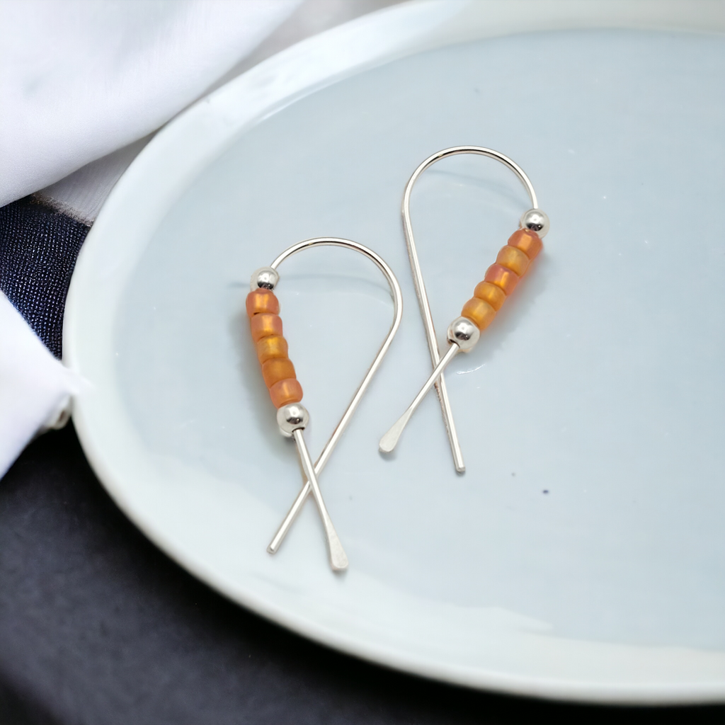 Ribbon - Silver with Orange Seed Beads Earrings Bijou by SAM