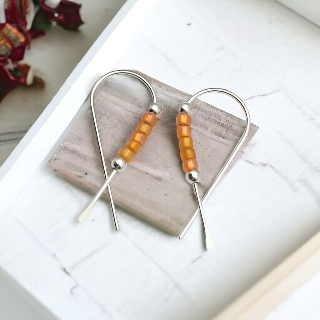 Ribbon - Silver with Orange Seed Beads Earrings Bijou by SAM
