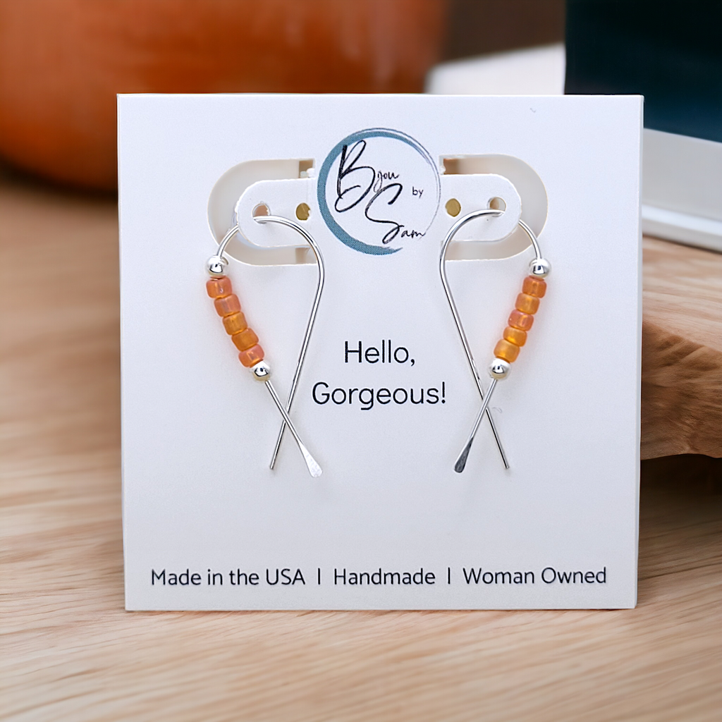 Ribbon - Silver with Orange Seed Beads Earrings Bijou by SAM