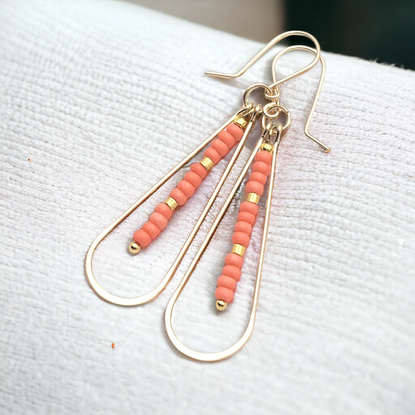 Harley - Gold & Coral Long Hoops Earrings Bijou by SAM