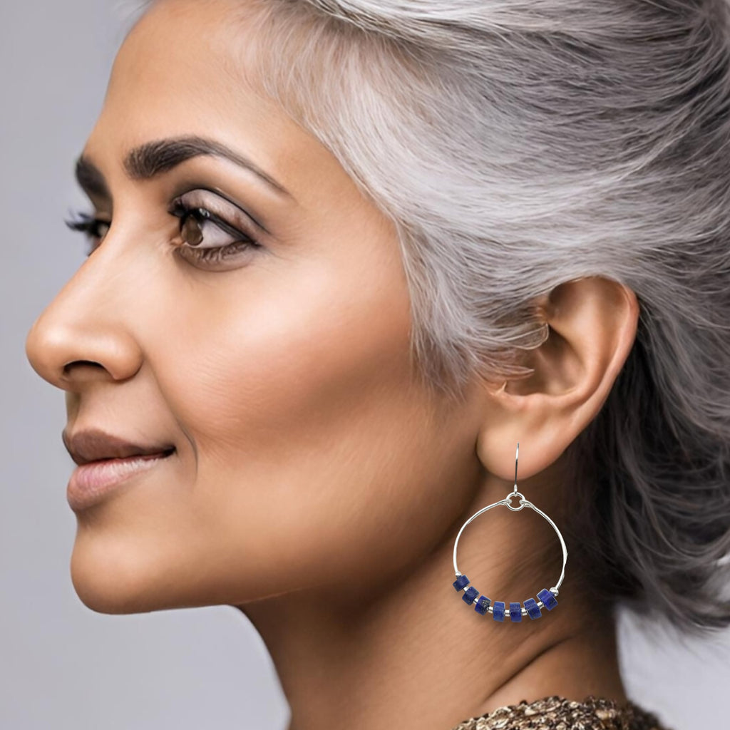 Boho - Silver Hoops with Lapis Lazuli Earrings Bijou by SAM