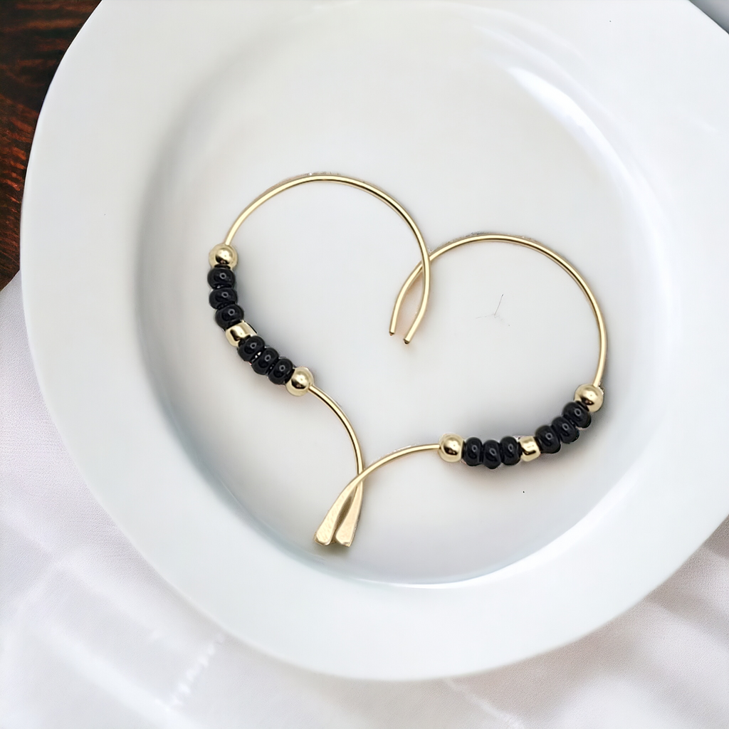 Open Heart - Gold & Black Earrings Bijou by SAM