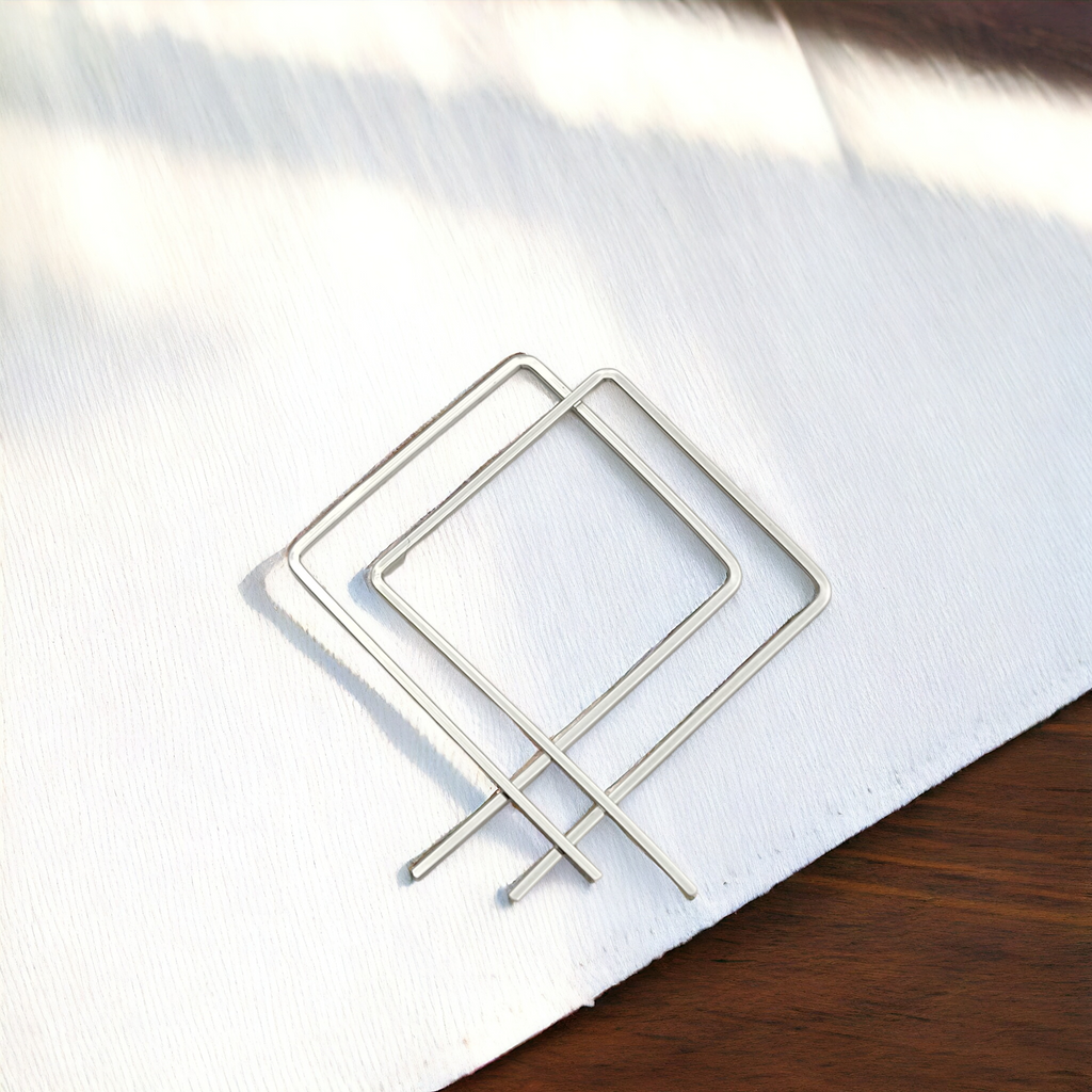 True - Silver Square Threader Hoops Earrings Bijou by SAM