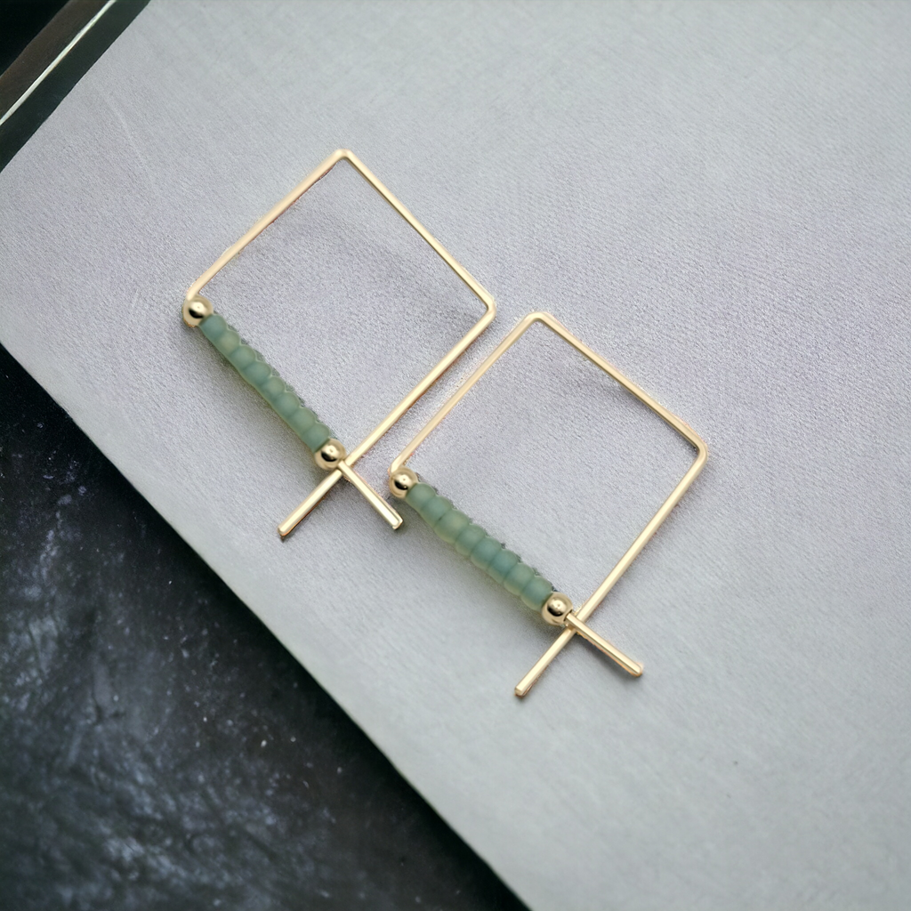 True - Square Gold & Sea Glass Earrings Bijou by SAM   