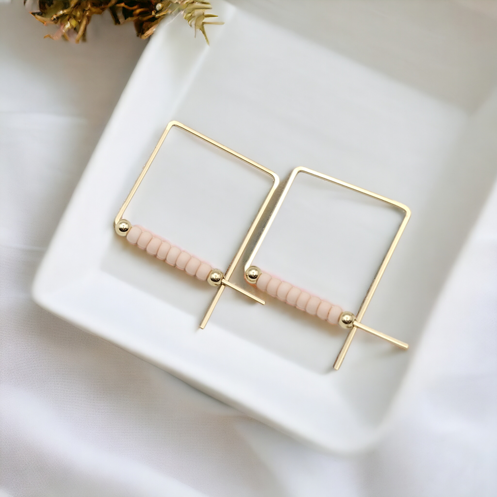 True - Square Gold with Pale Pink Earrings Bijou by SAM