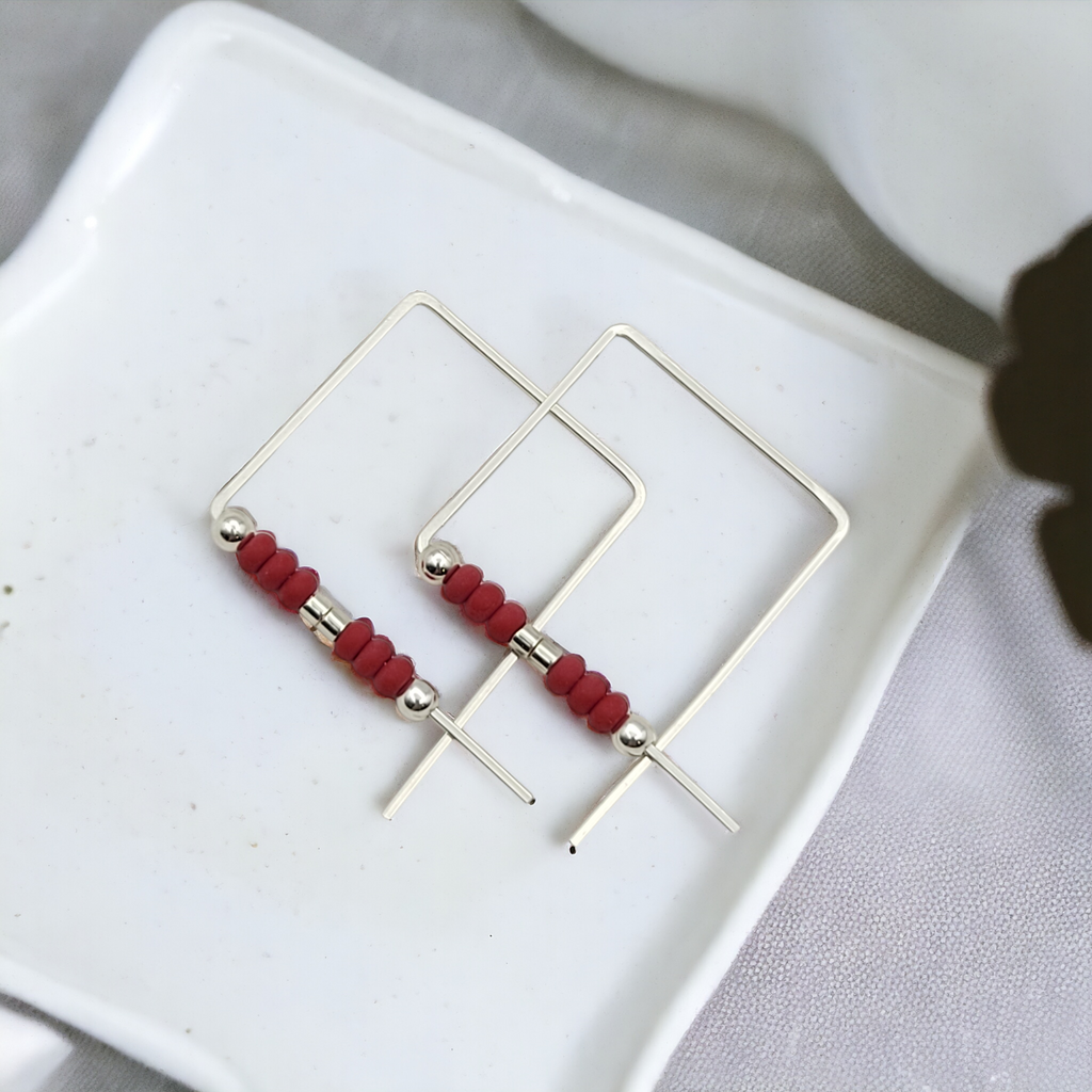 True - Square Silver & Red Earrings Bijou by SAM