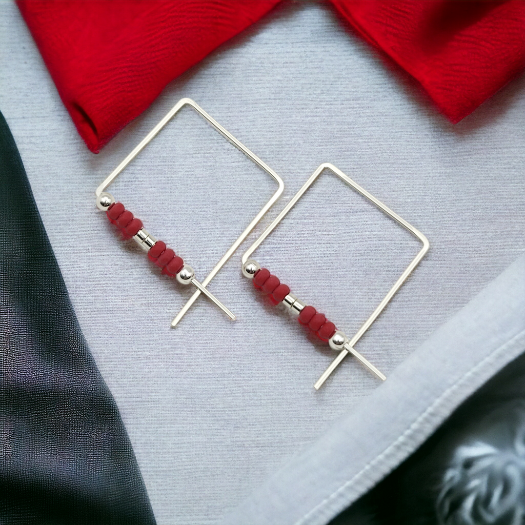 True - Square Silver & Red Earrings Bijou by SAM
