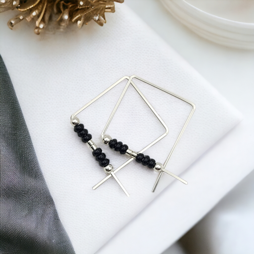 True - Square Silver & Black Earrings Bijou by SAM