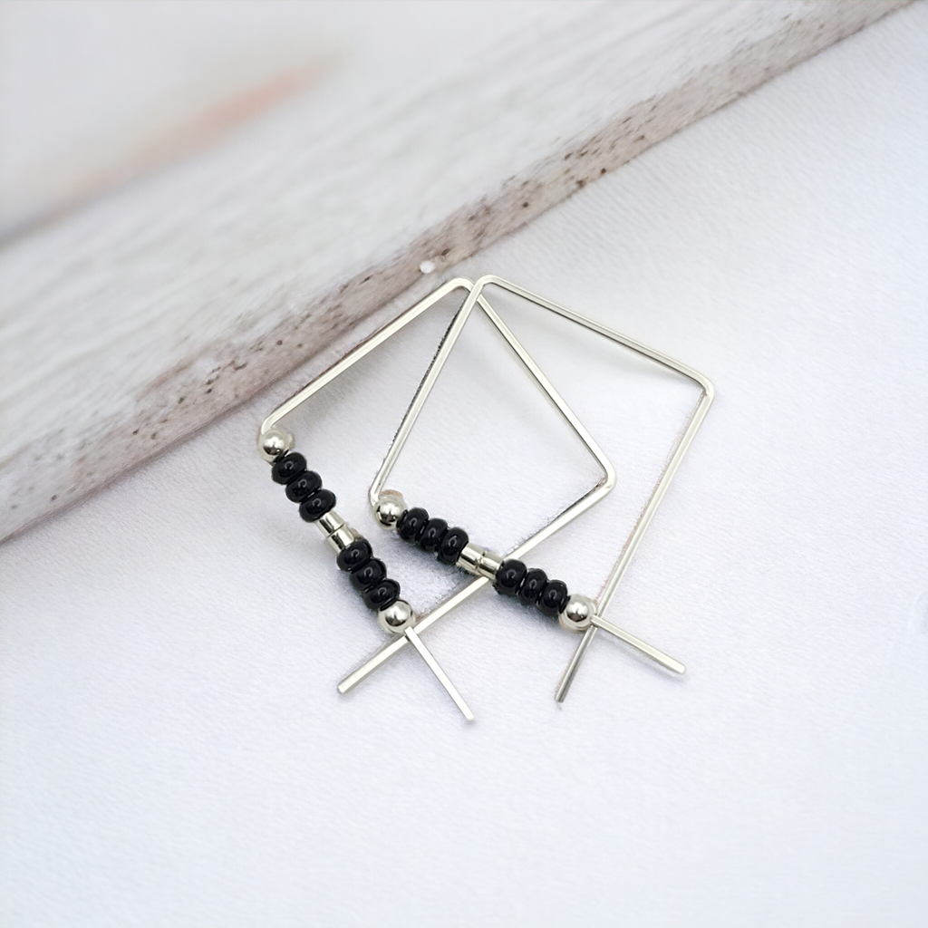 True - Square Silver & Black Earrings Bijou by SAM