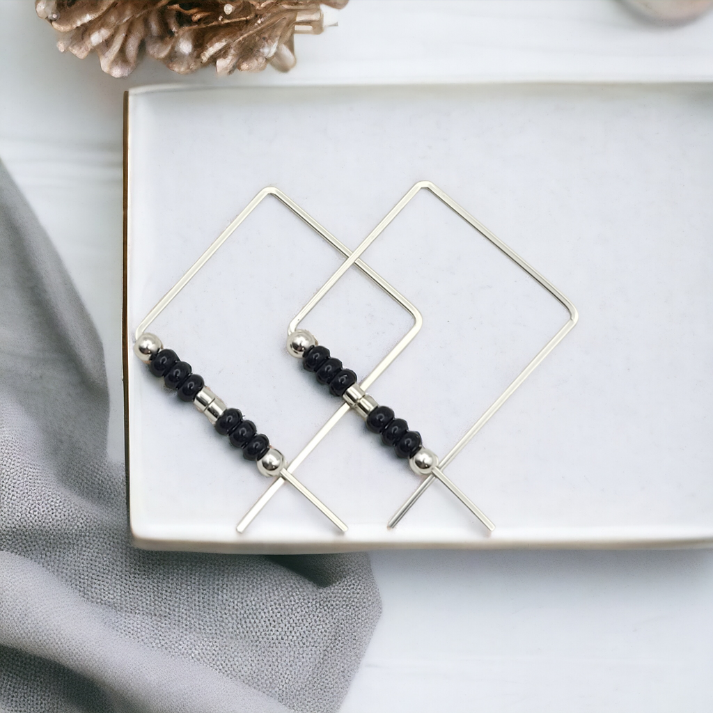 True - Square Silver & Black Earrings Bijou by SAM