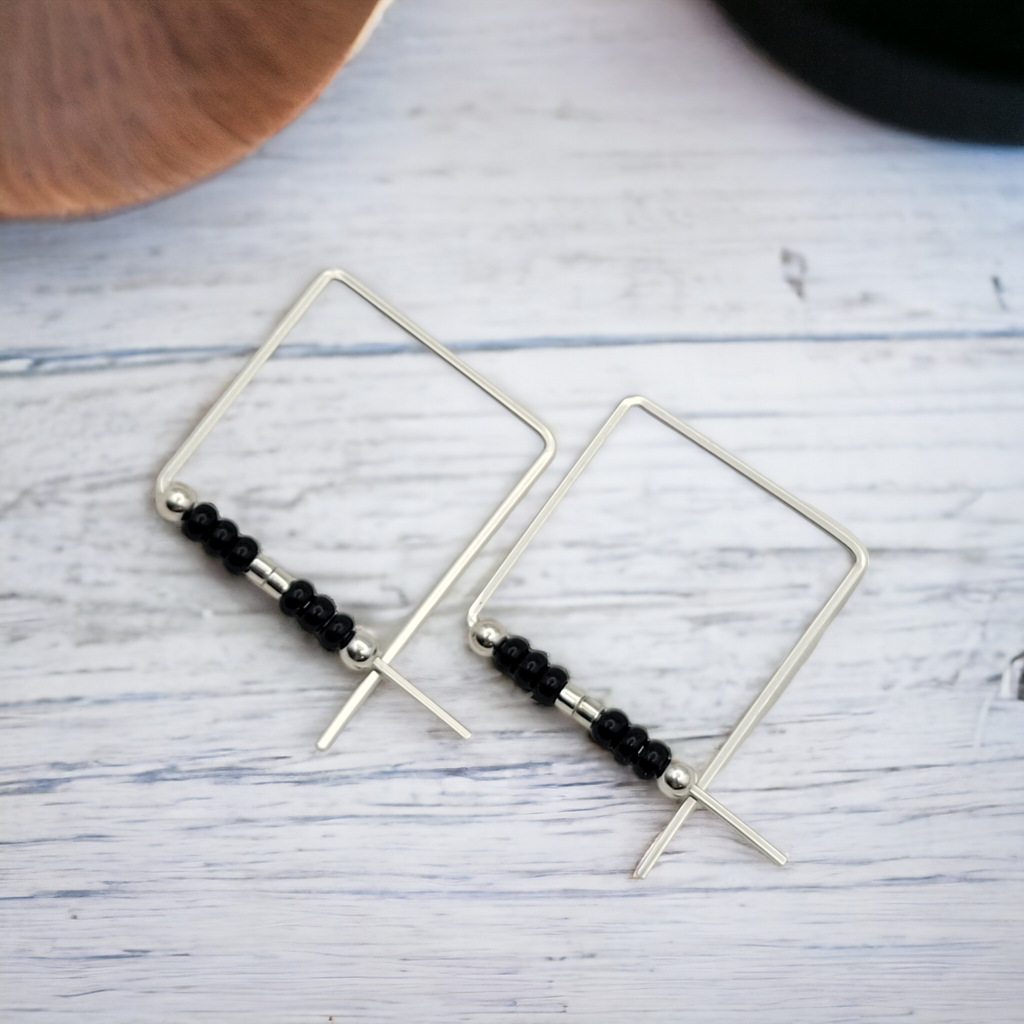 True - Square Silver & Black Earrings Bijou by SAM