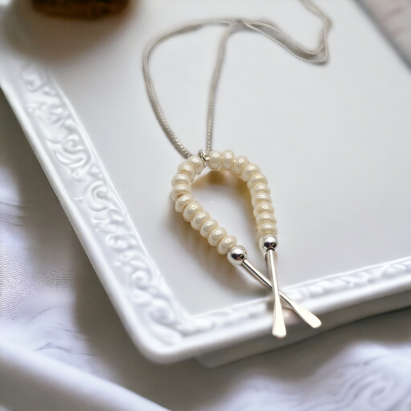 Necklace - Silver Ribbon with Pearl Necklace Bijou by SAM