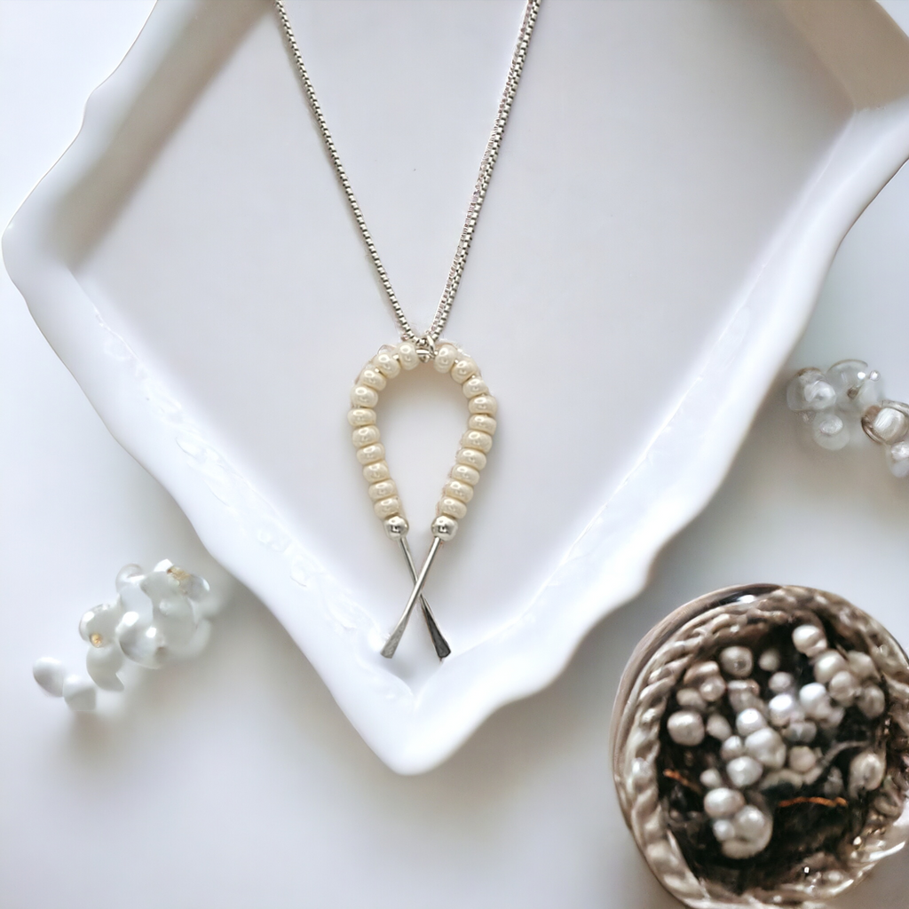 Necklace - Silver Ribbon with Pearl Necklace Bijou by SAM