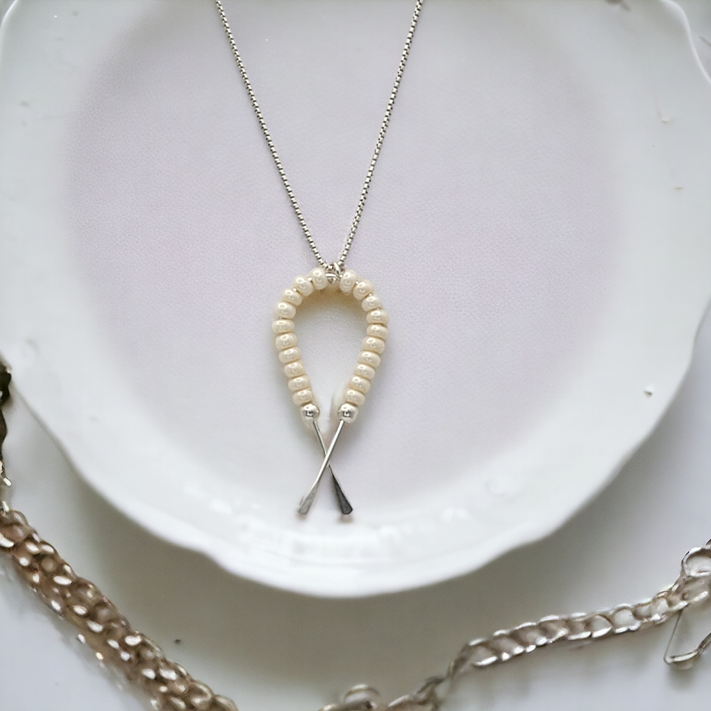 Necklace - Silver Ribbon with Pearl Necklace Bijou by SAM