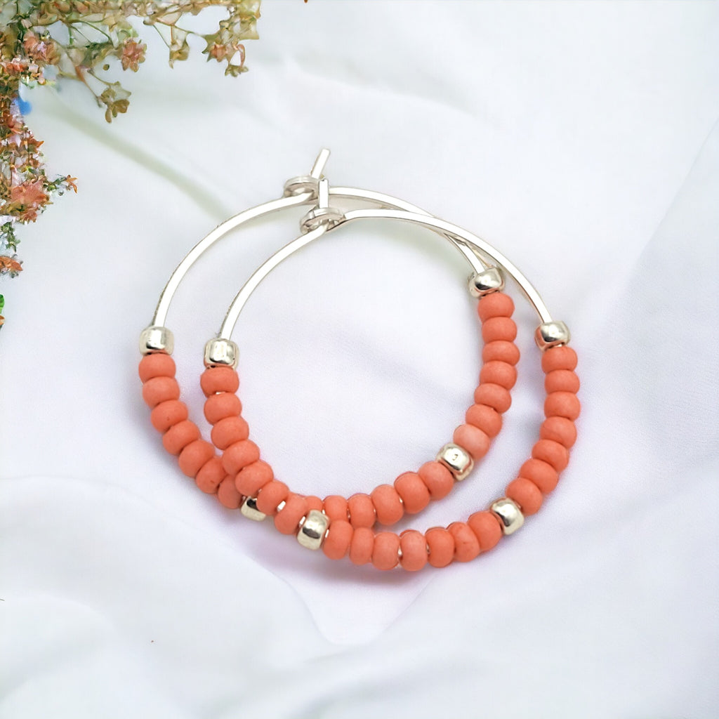 Boho - Silver Hoops with Coral Beads Earrings Bijou by SAM