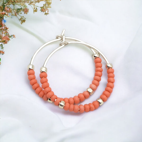 Boho - Silver Hoops with Coral Beads Earrings Bijou by SAM