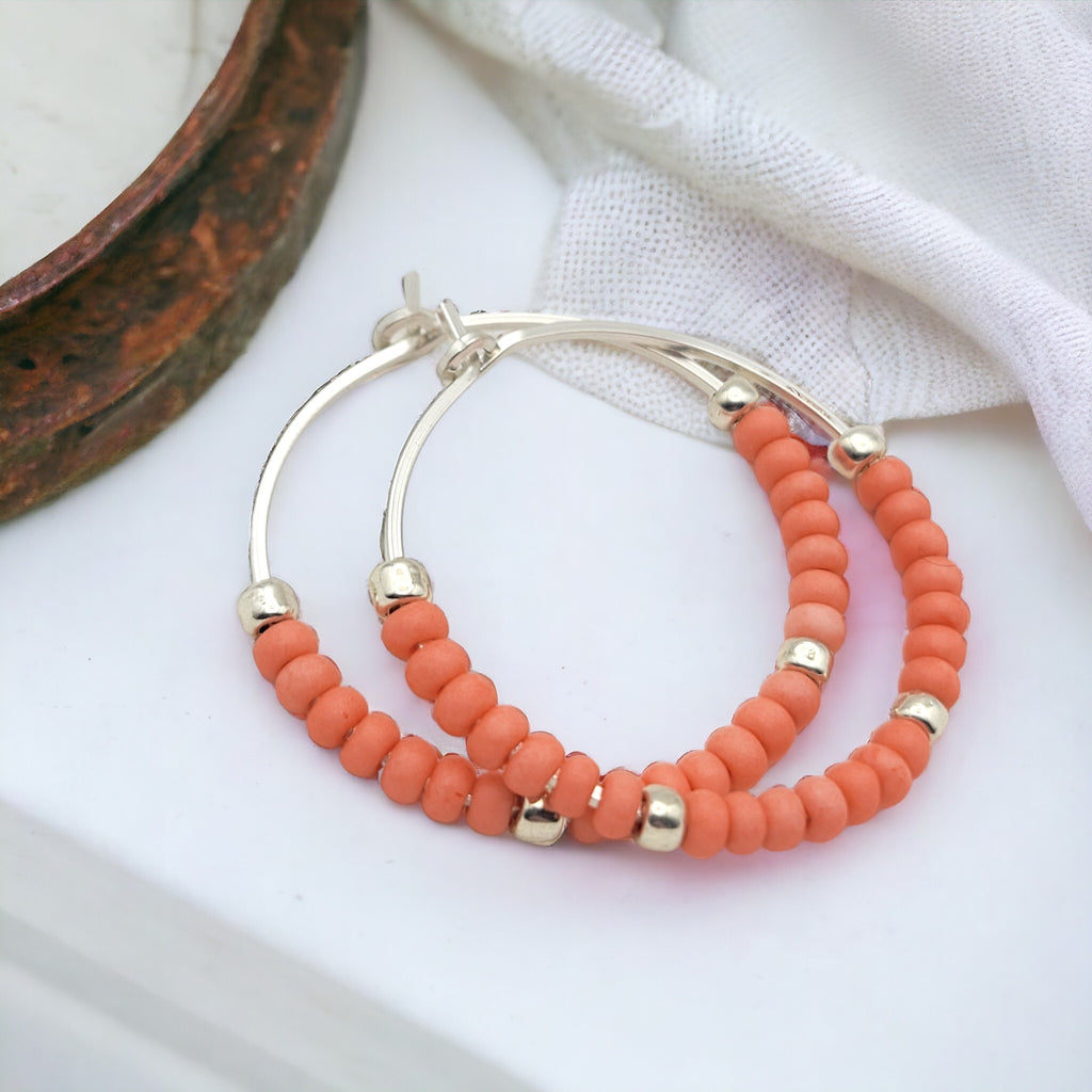 Boho - Silver Hoops with Coral Beads Earrings Bijou by SAM