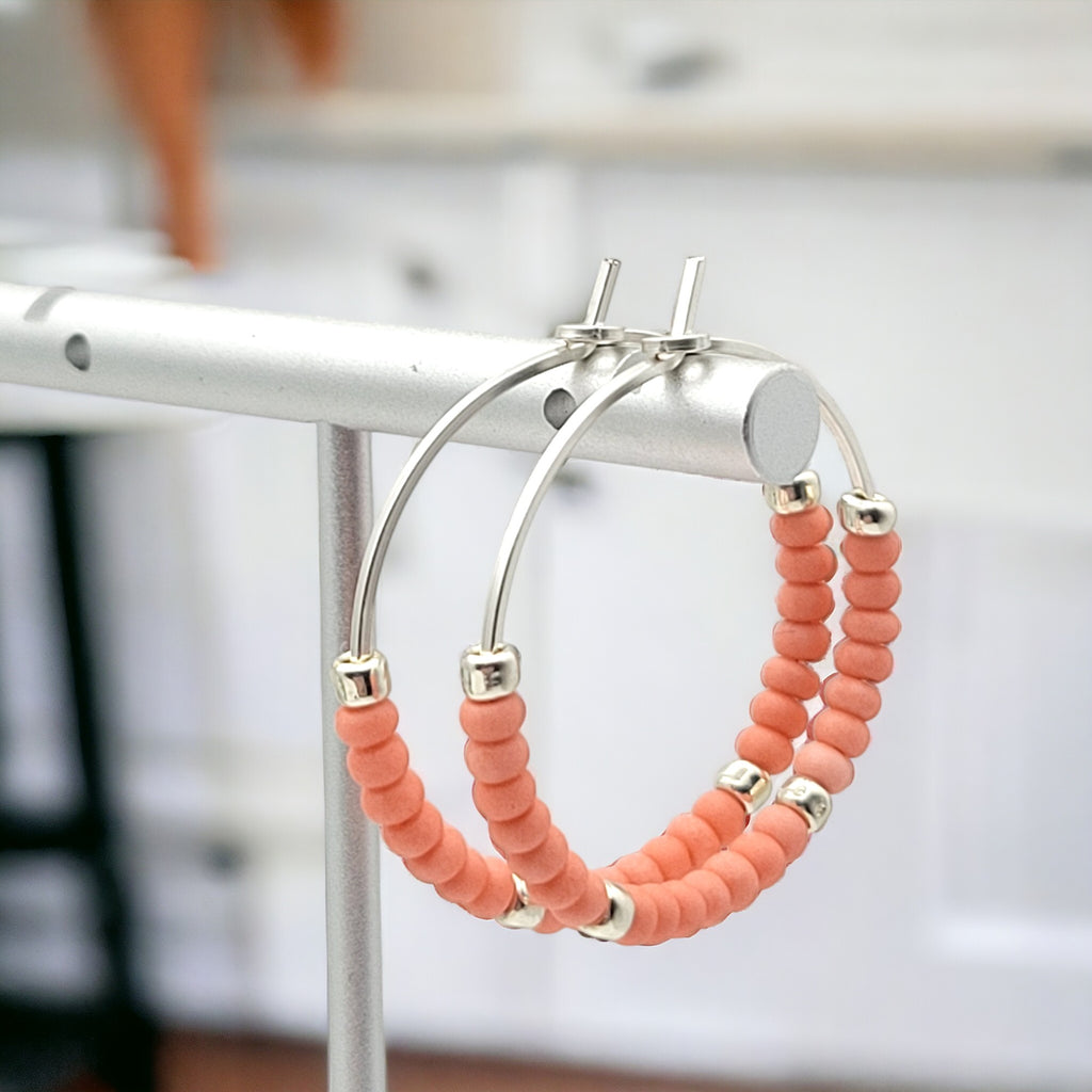 Boho - Silver Hoops with Coral Beads Earrings Bijou by SAM