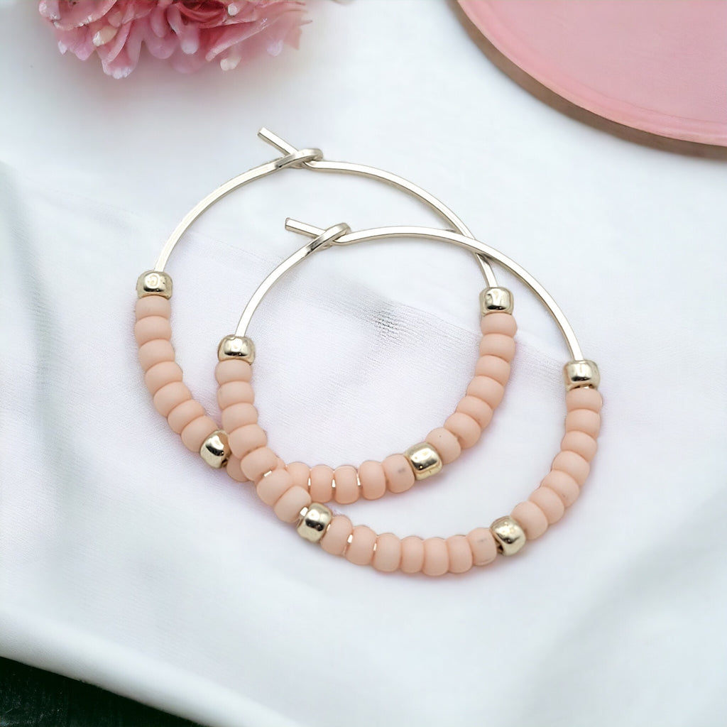 Boho - Silver Hoops with Pale Pink Beads Earrings Bijou by SAM