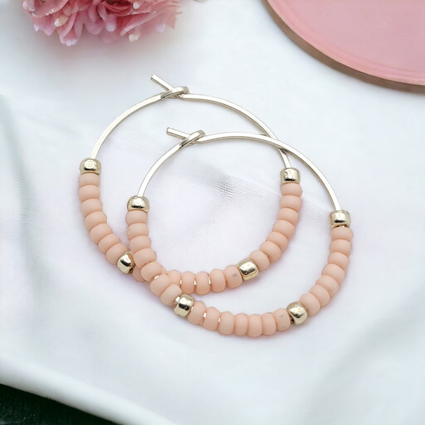 Boho - Silver Hoops with Pale Pink Beads Earrings Bijou by SAM