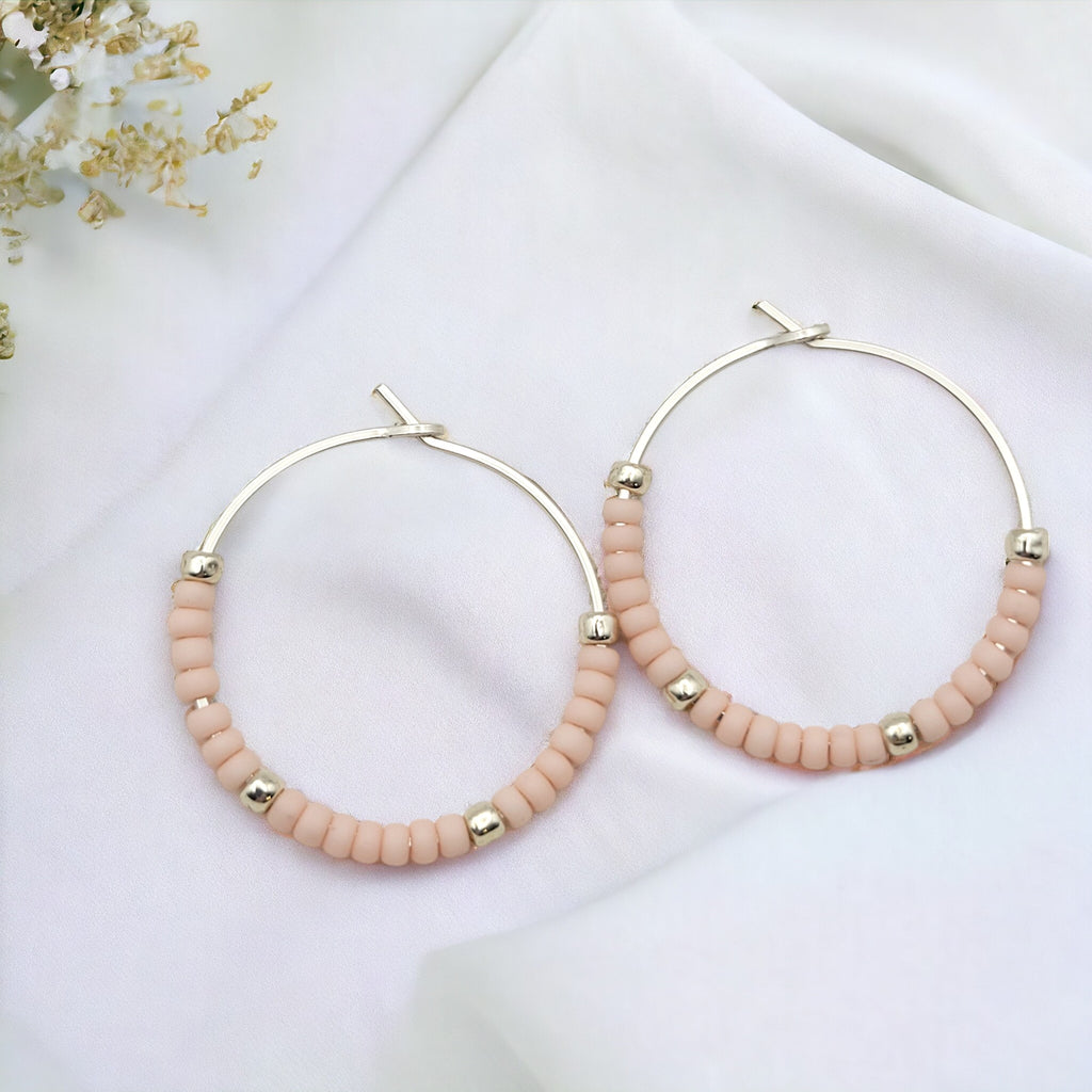 Boho - Silver Hoops with Pale Pink Beads Earrings Bijou by SAM