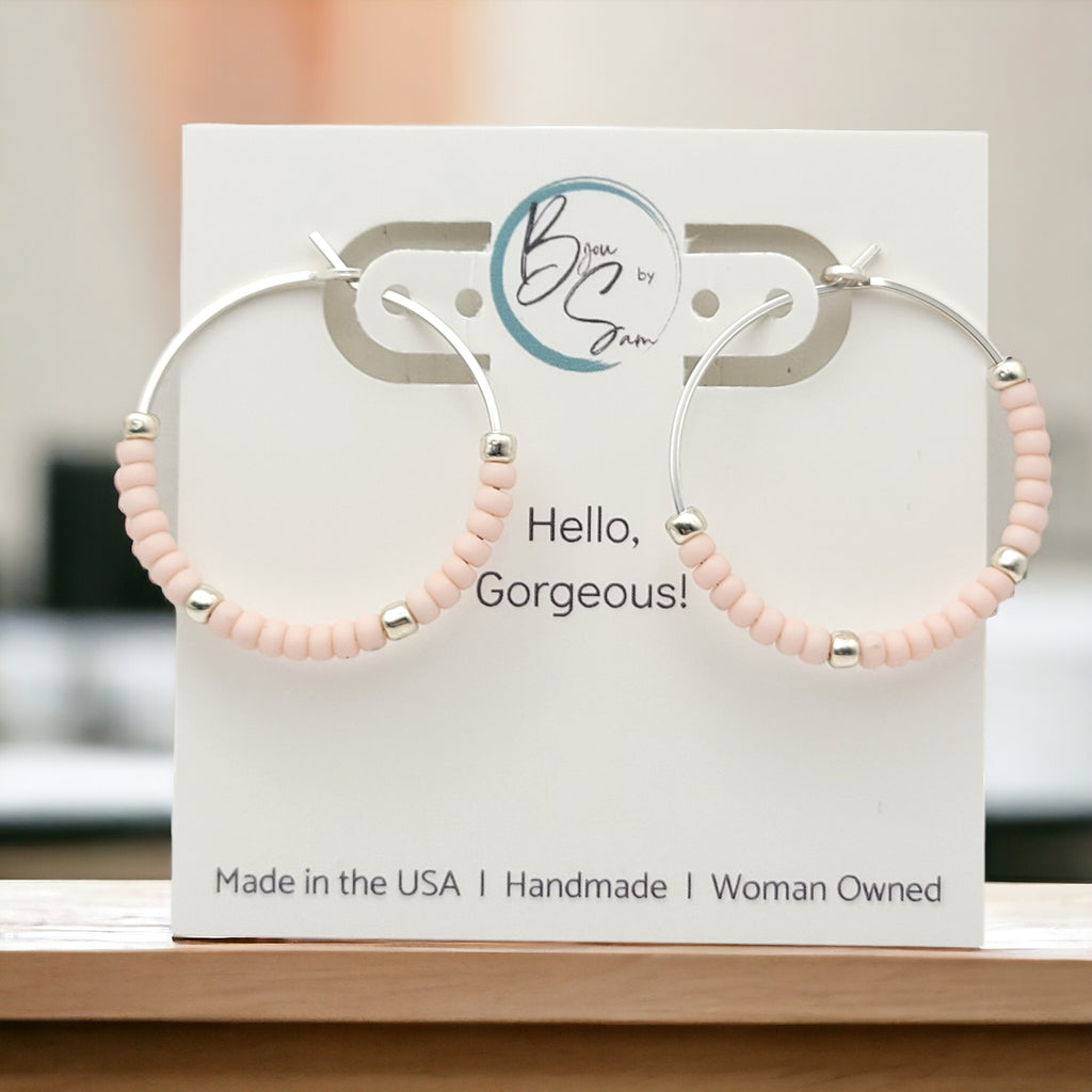 Boho - Silver Hoops with Pale Pink Beads Earrings Bijou by SAM