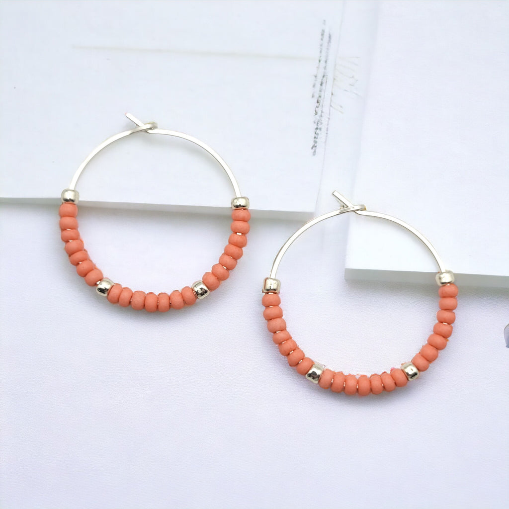 Boho - Silver Hoops with Coral Beads Earrings Bijou by SAM