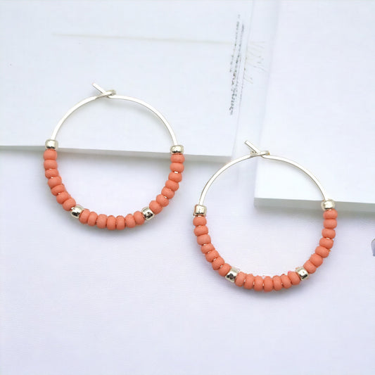 Boho - Silver Hoops with Coral Beads Earrings Bijou by SAM   