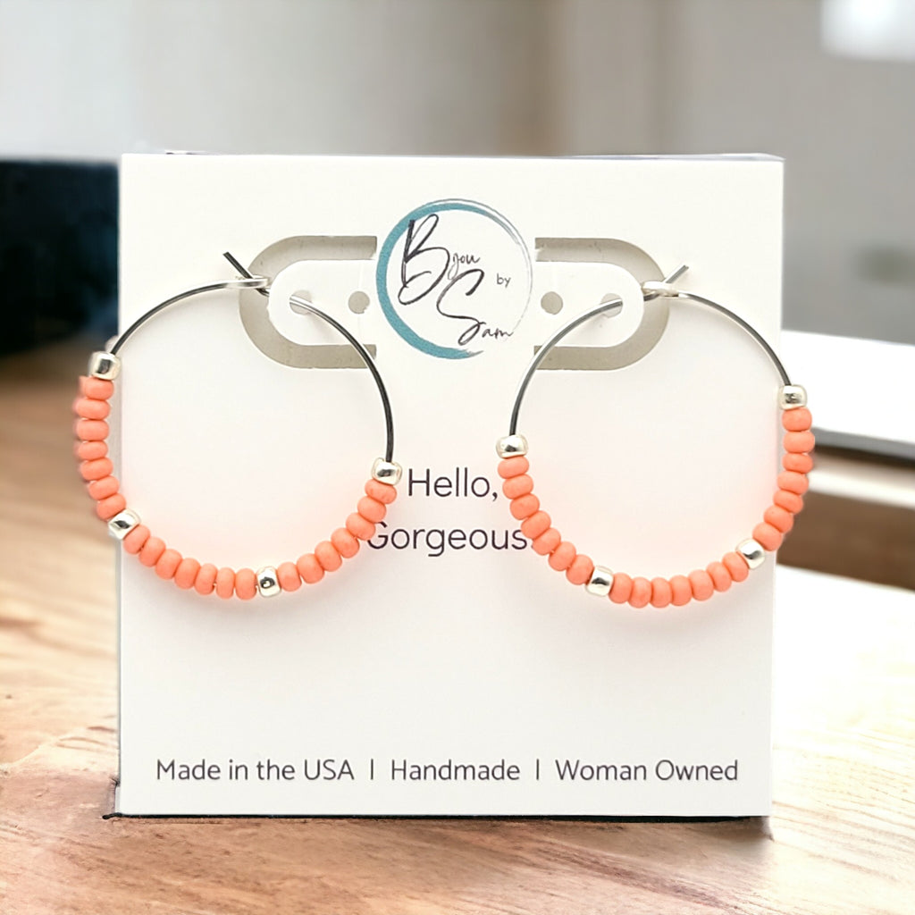 Boho - Silver Hoops with Coral Beads Earrings Bijou by SAM