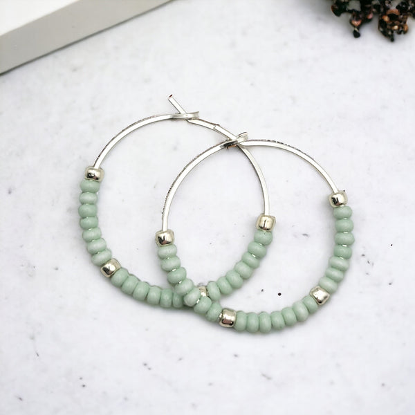 Boho - Silver & Pale Mint Green Hoops Earrings Bijou by SAM