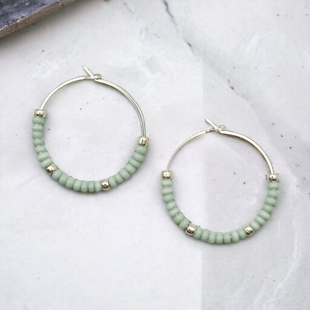 Boho - Silver & Pale Mint Green Hoops Earrings Bijou by SAM