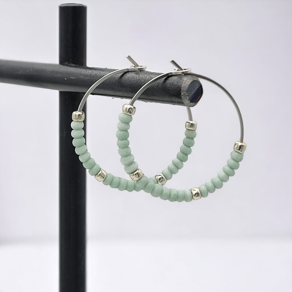 Boho - Silver & Pale Mint Green Hoops Earrings Bijou by SAM