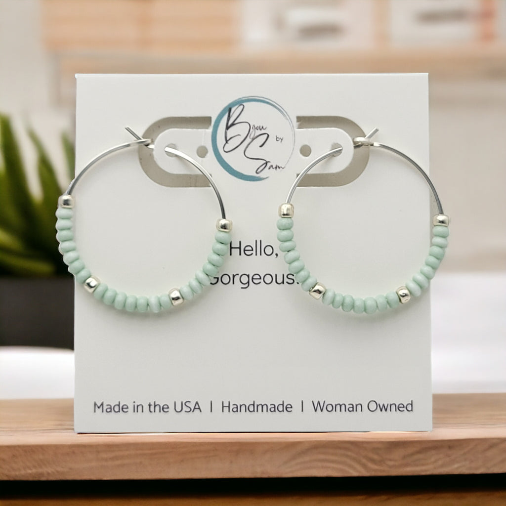 Boho - Silver & Pale Mint Green Hoops Earrings Bijou by SAM