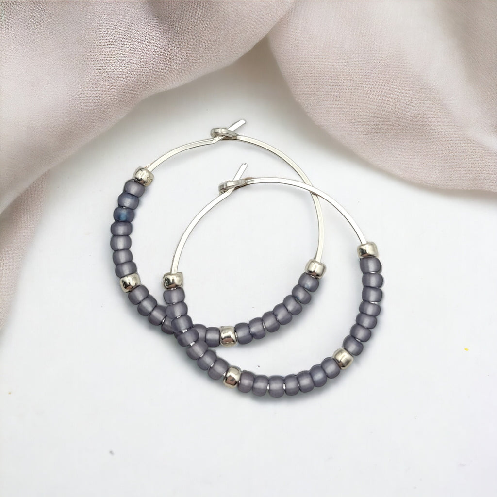 Boho - Silver & Purple Seed Bead Hoops Earrings Bijou by SAM