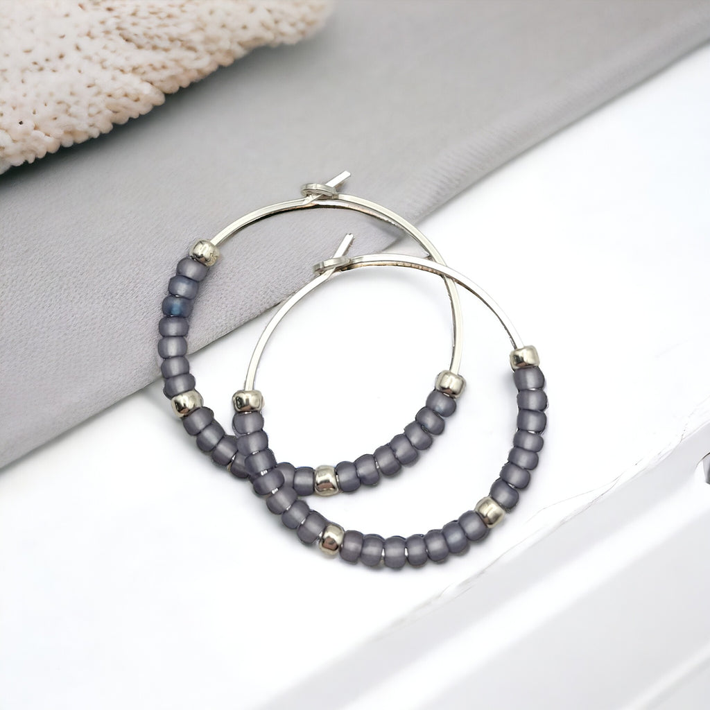 Boho - Silver & Purple Seed Bead Hoops Earrings Bijou by SAM